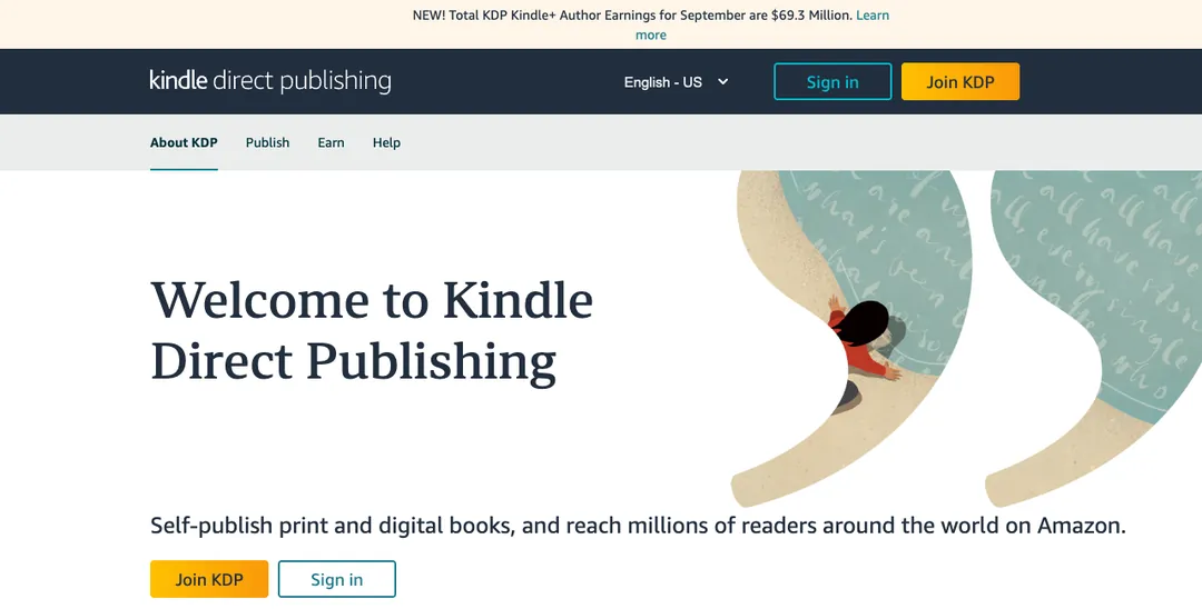 Kindle Direct Publishing homepage with a Join KDP button