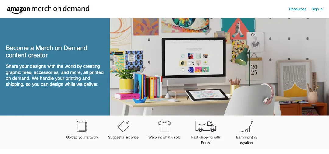 Amazon Merch on Demand page inviting you to become a content creator
