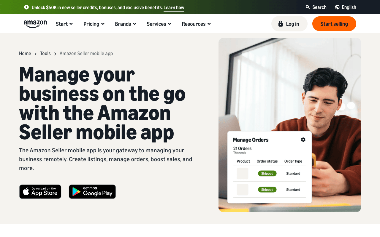 Amazon Seller mobile app page showing order management tools for resellers