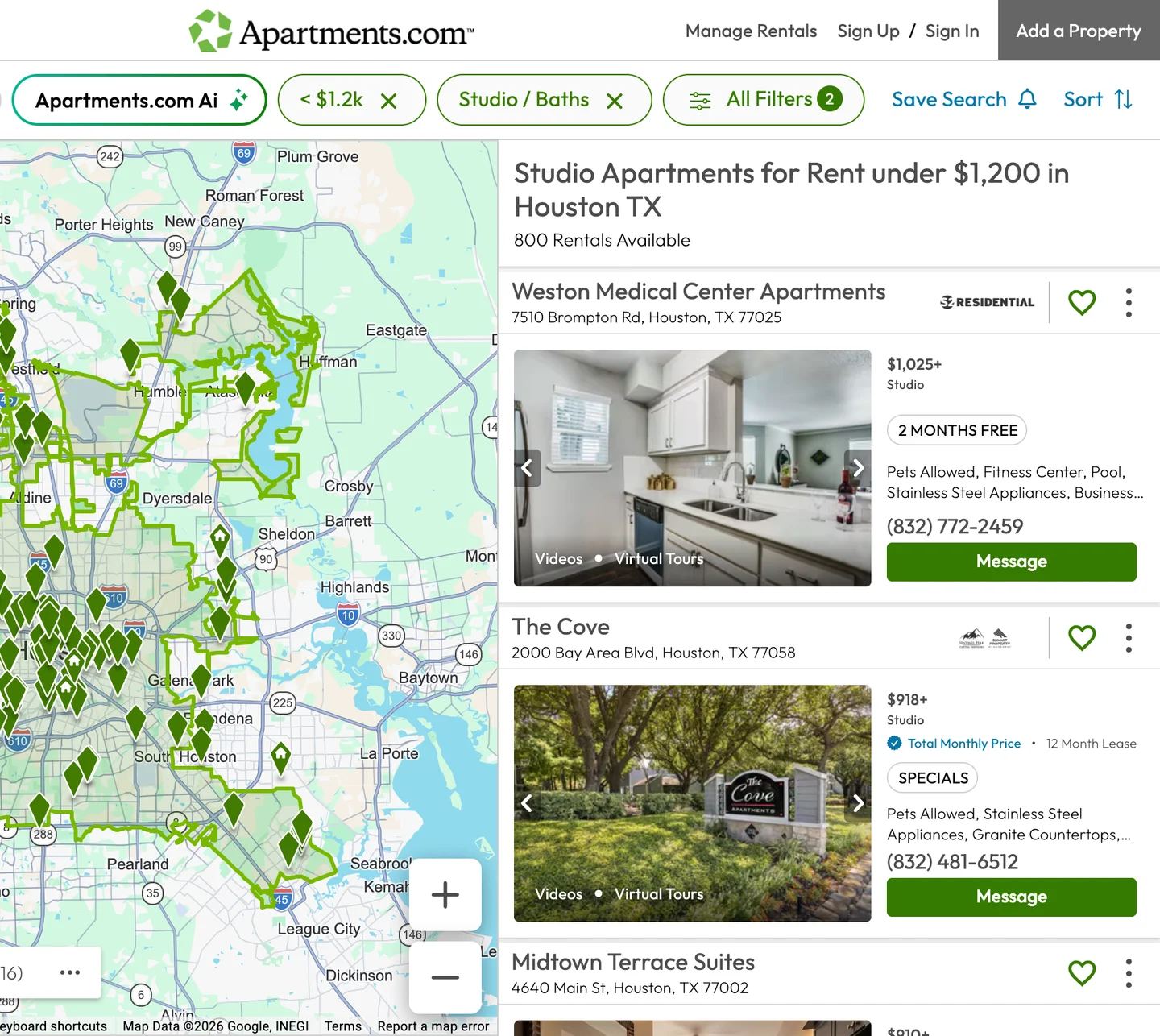 Apartments.com search for studio apartments under $1,200 in Houston, with a map of listings and prices