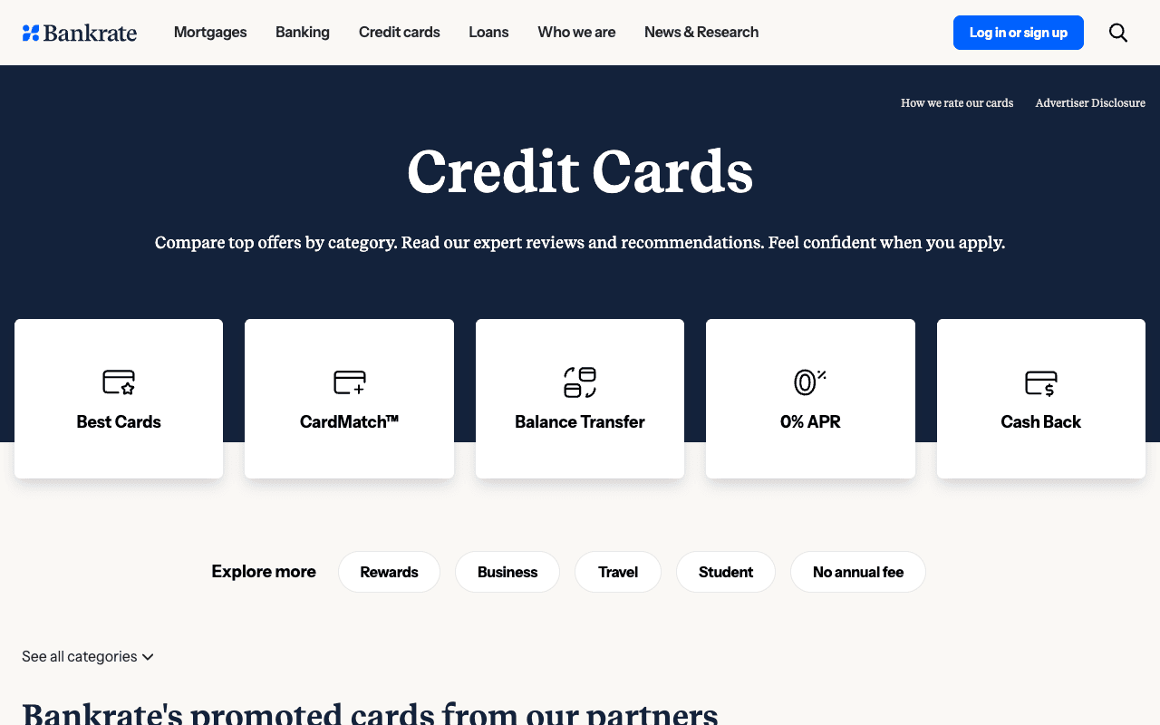 Bankrate credit cards page comparing offers by category including rewards, cash back, and balance transfer