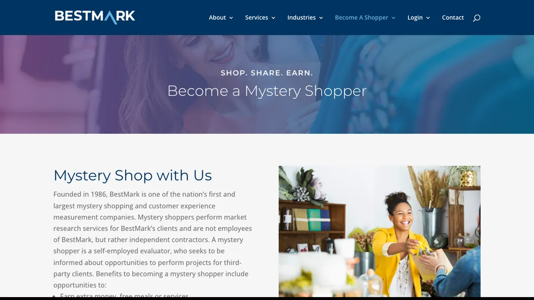 BestMark Become a Mystery Shopper page saying Shop. Share. Earn.