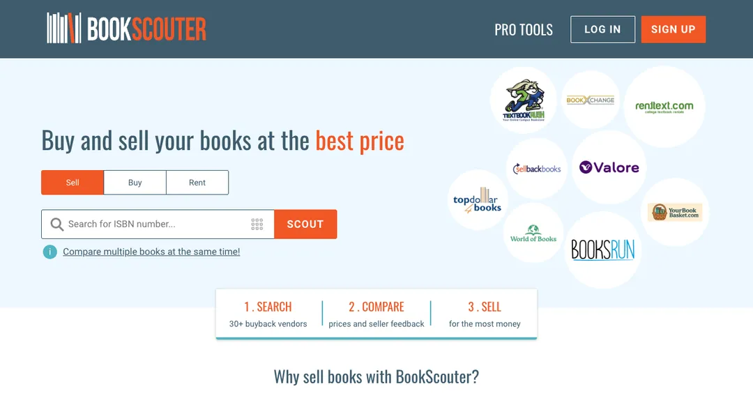 BookScouter homepage with an ISBN search box to compare book buyback prices