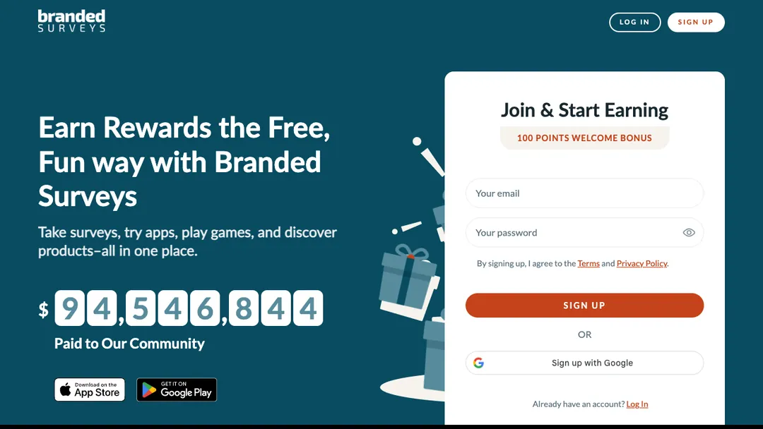 Branded Surveys homepage with its sign-up form, welcome bonus and running total paid to members