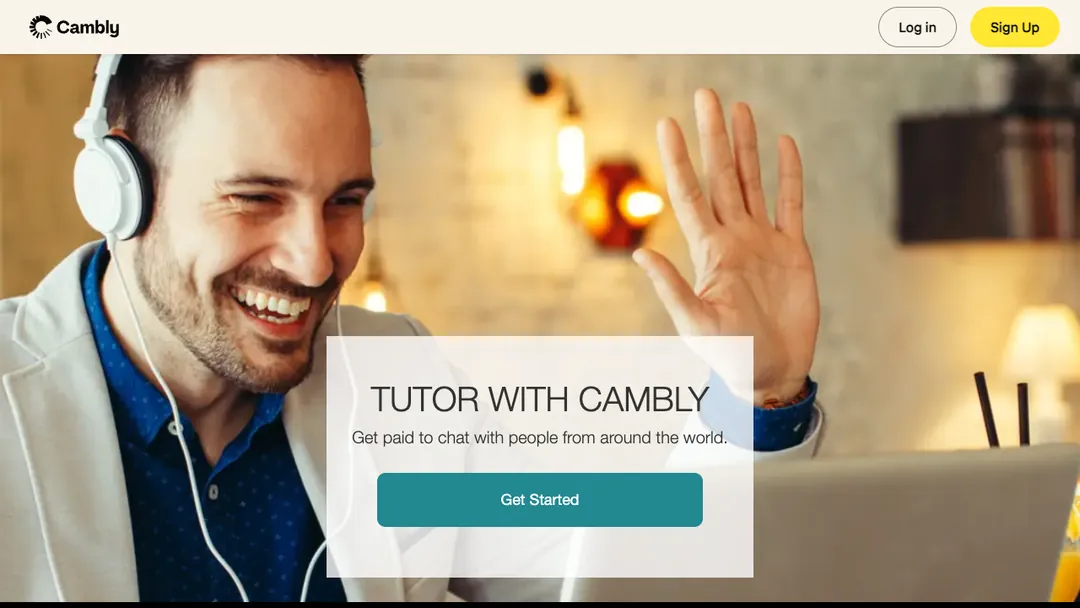 Cambly tutor page saying Tutor with Cambly and get paid to chat with people from around the world