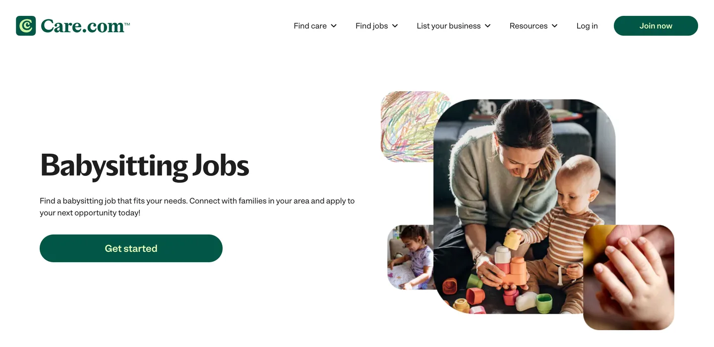 Care.com page listing babysitting jobs near you with an Apply Now button