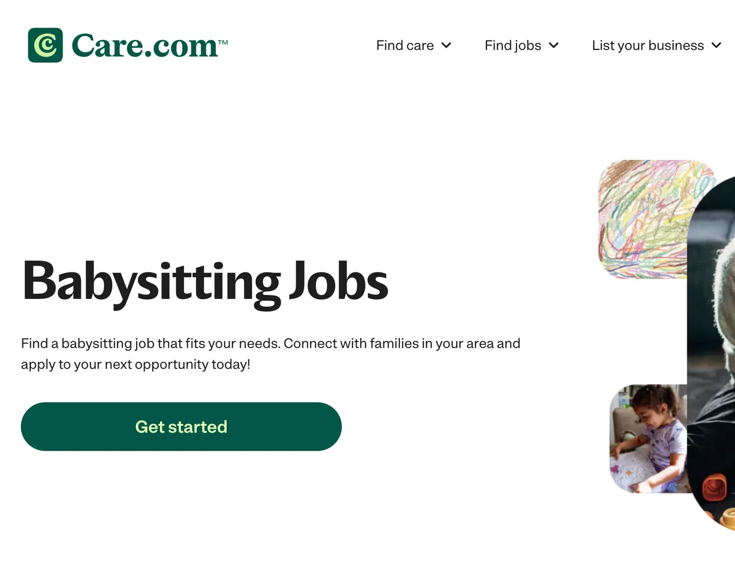 Care.com babysitting jobs page with a Get started button for new sitters