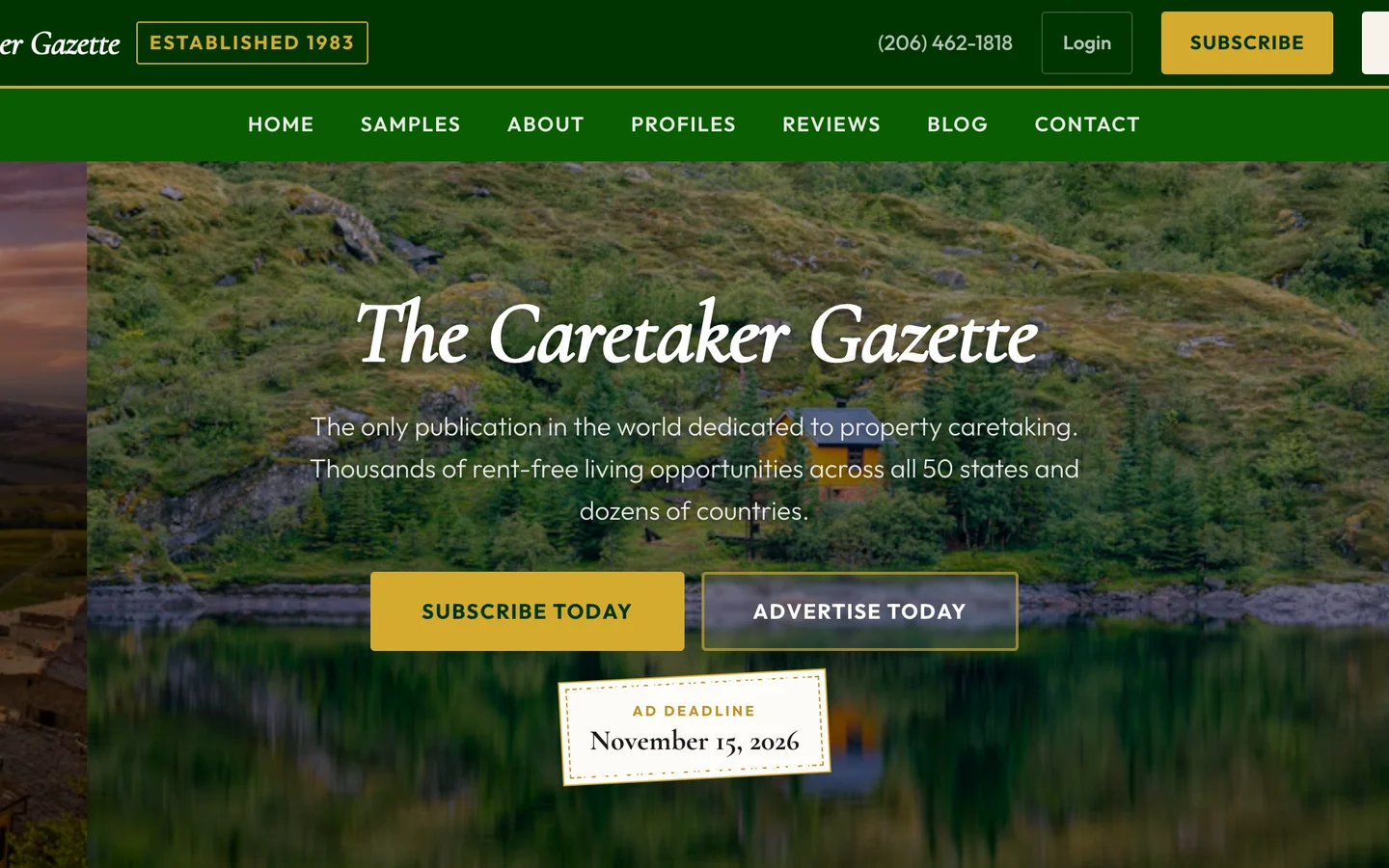 The Caretaker Gazette homepage, a newsletter of rent-free property caretaking and house sitting jobs