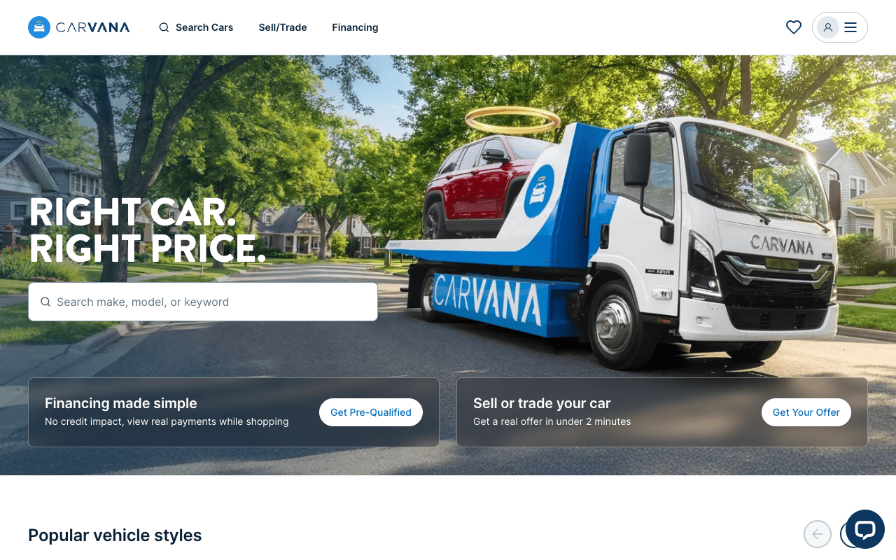 Carvana homepage with car search and an instant offer tool for selling or trading a used car