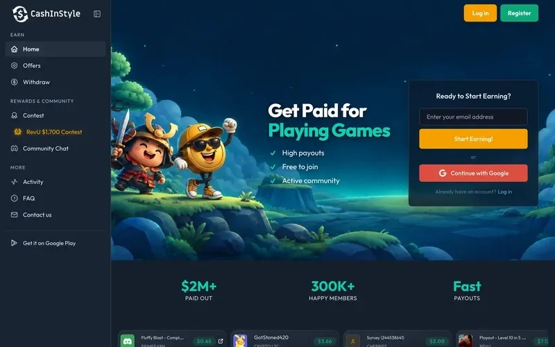 CashInStyle homepage for earning cash from surveys and offers
