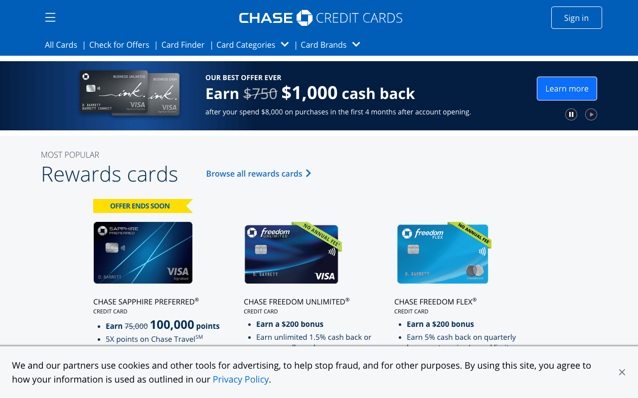 Chase credit cards page showing sign-up bonus offers on Sapphire Preferred and Freedom cards