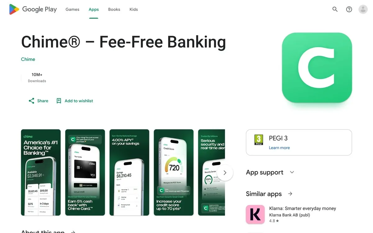 Chime app listing on Google Play
