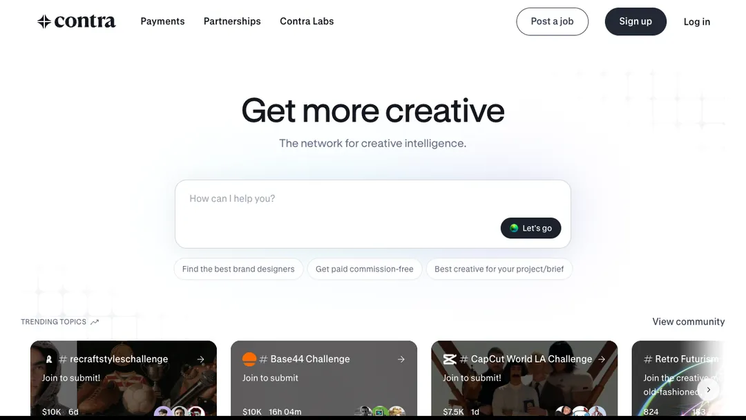 Contra homepage with a search box and a Get paid commission-free link