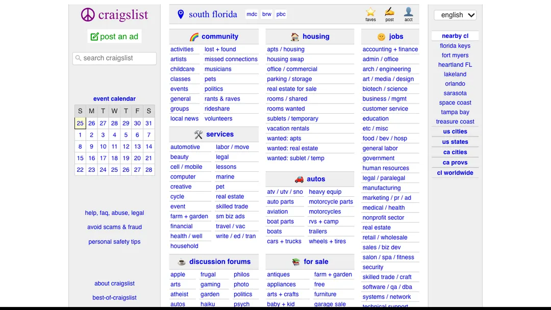 Craigslist South Florida page with its for sale, jobs and services sections