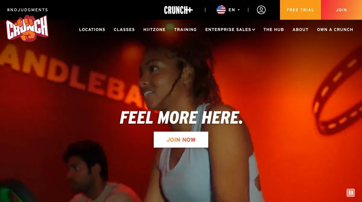 Crunch Fitness homepage with Free Trial and Join buttons