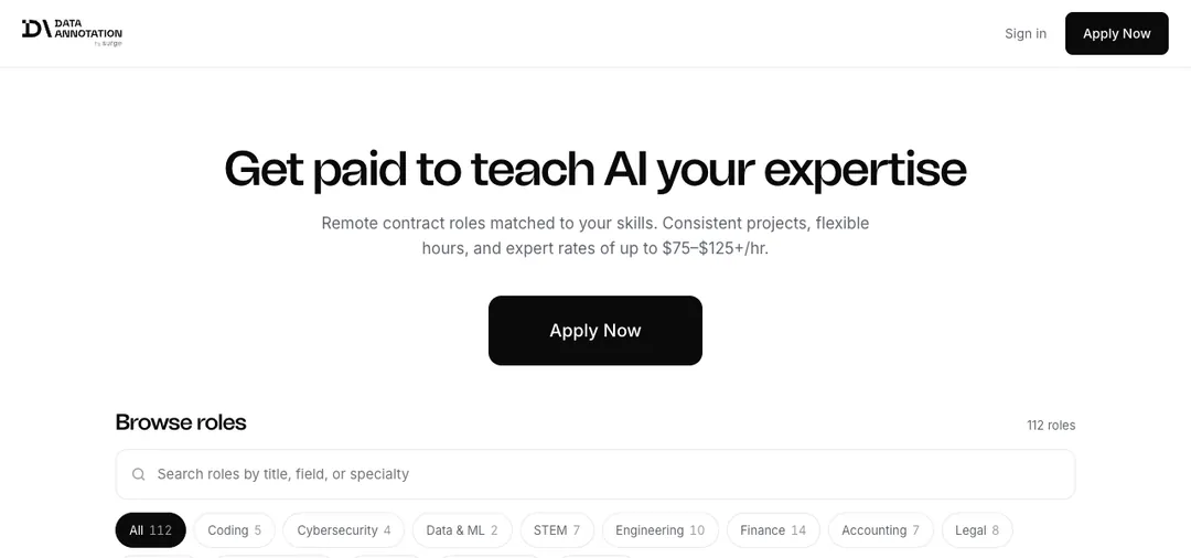 DataAnnotation homepage saying Get paid to teach AI your expertise, with an Apply Now button