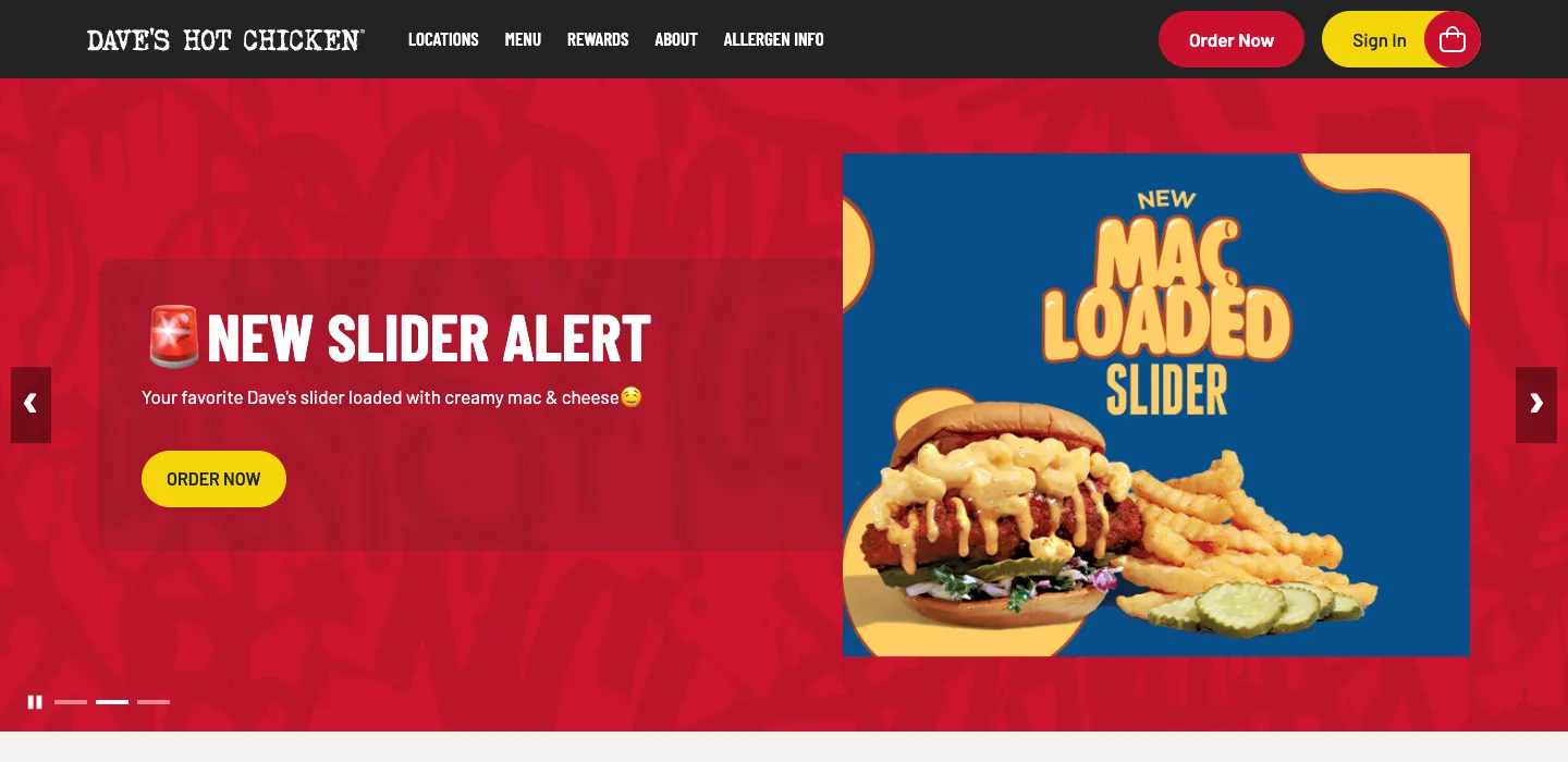 Dave's Hot Chicken homepage with its new slider