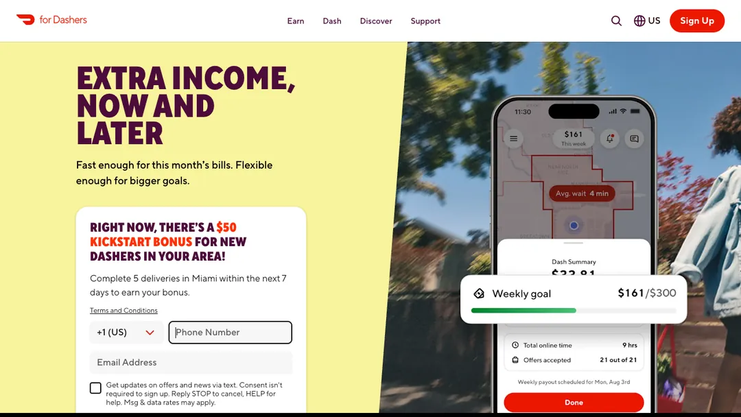 DoorDash Dasher sign-up page saying Extra income, now and later, with a sign-up form