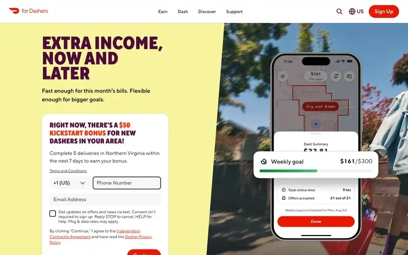 DoorDash Dasher sign-up page advertising a $50 kickstart bonus for new Dashers in Northern Virginia