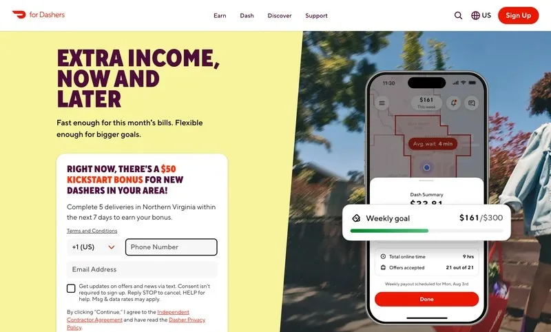 DoorDash Dasher signup page for delivery drivers