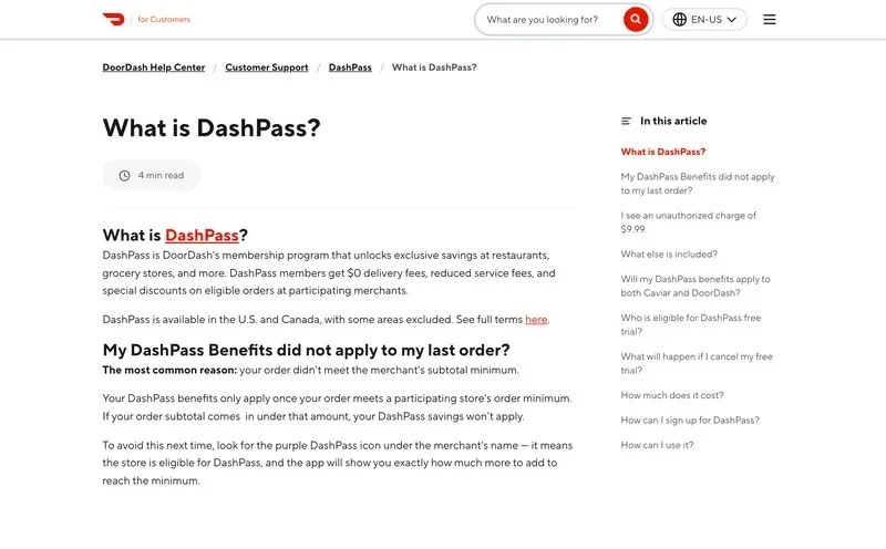 DoorDash help article explaining what DashPass is
