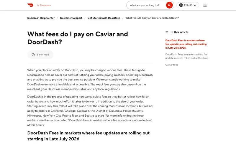 DoorDash help article titled What fees do I pay