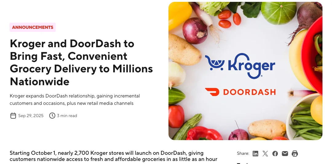 DoorDash news post from September 29, 2025 saying nearly 2,700 Kroger stores launch on DoorDash starting October 1