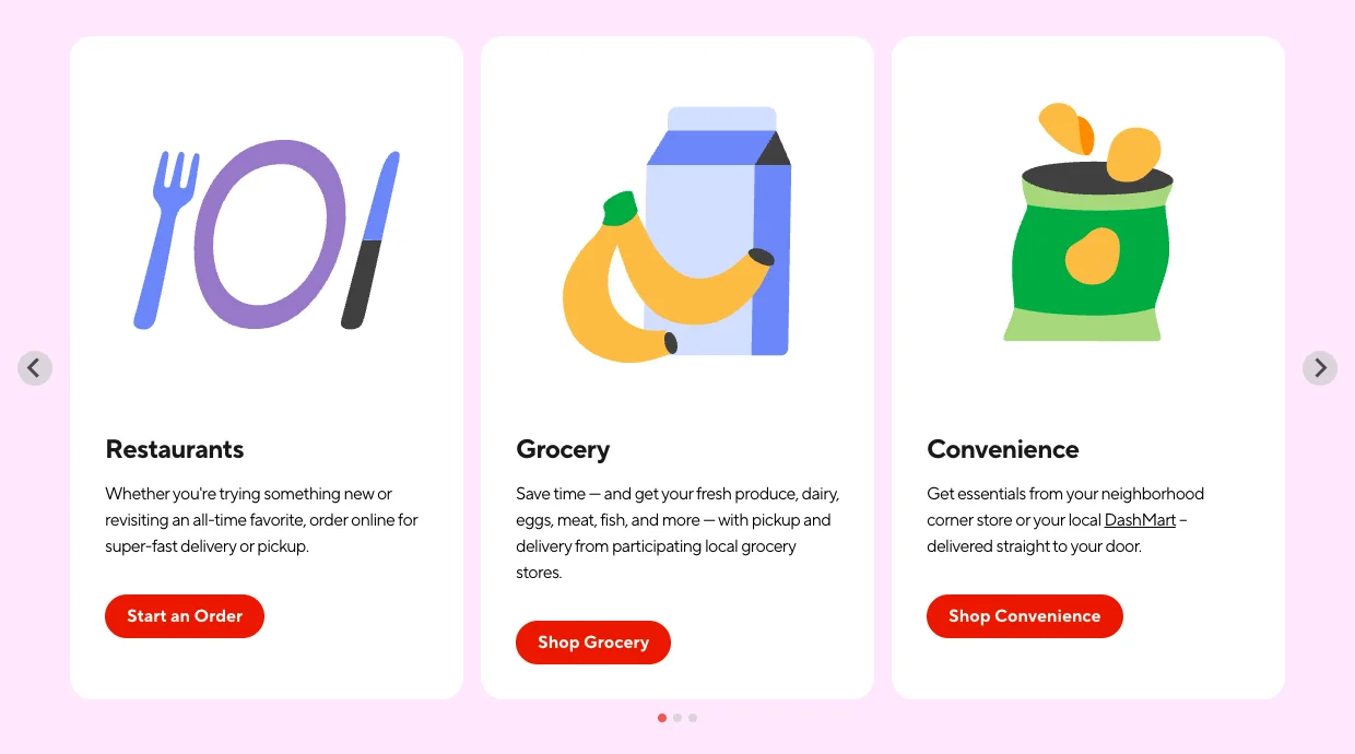 DoorDash product cards for restaurants, grocery and convenience delivery, including DashMart