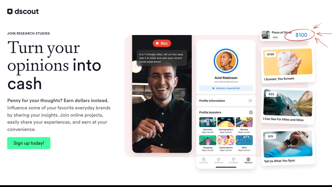 dscout research studies page saying Turn your opinions into cash