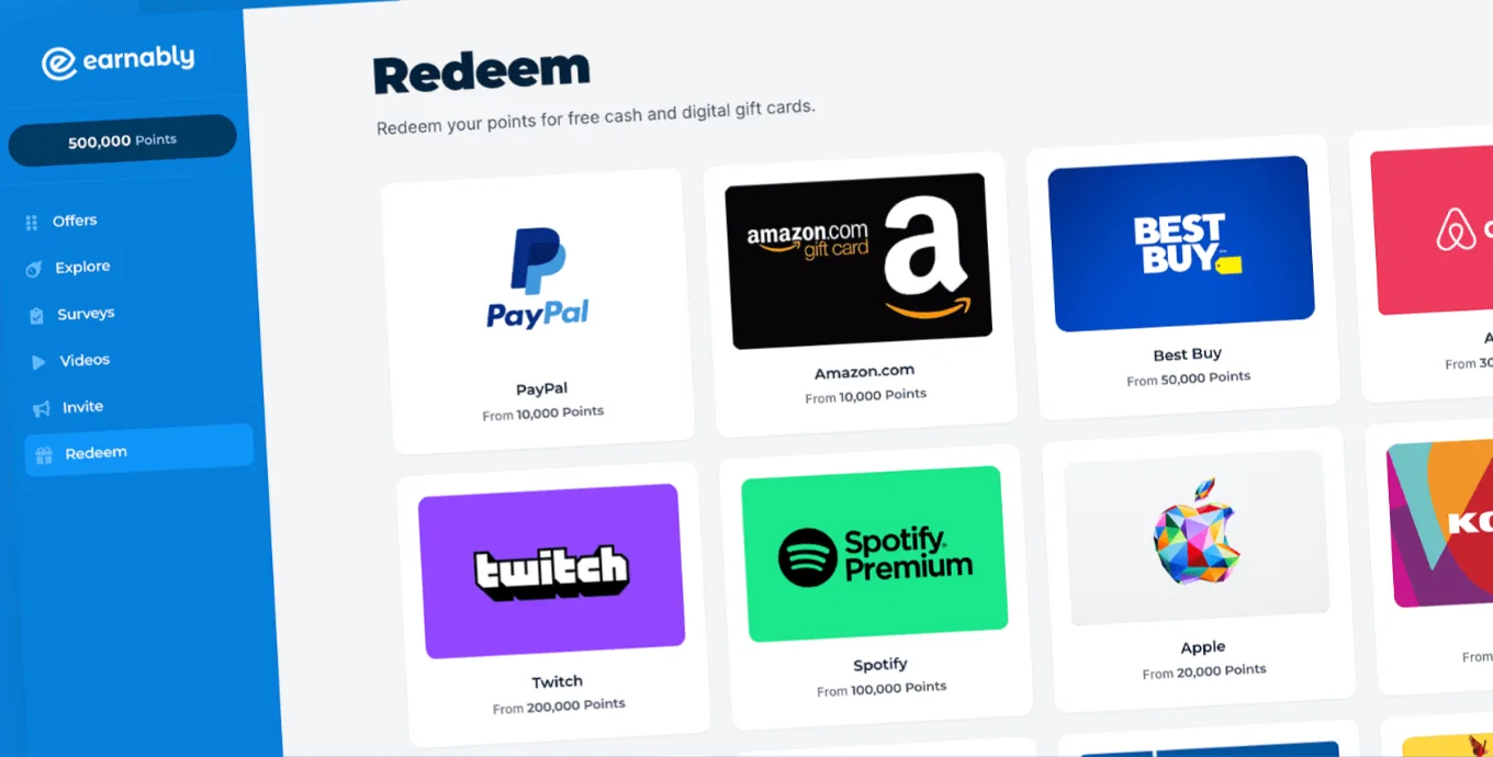 Earnably homepage preview of its Redeem page with PayPal and Amazon.com rewards from 10,000 points