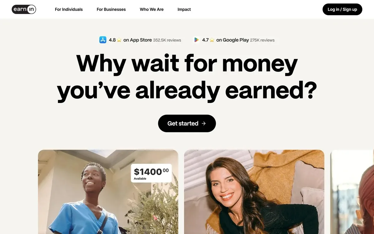 EarnIn homepage screenshot