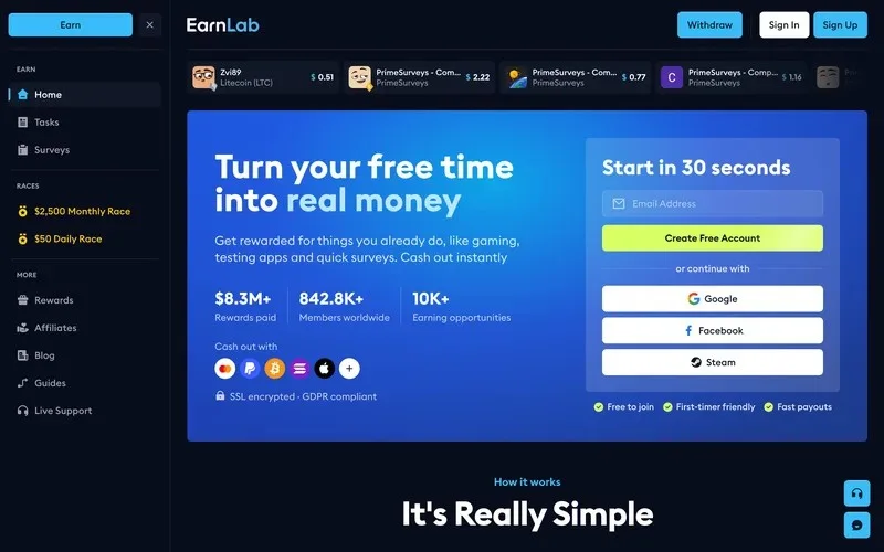 Earnlab homepage for completing app and game offers