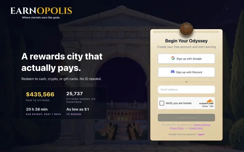 Earnopolis homepage for earning from game offers