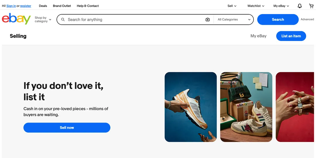eBay Selling page that says If you don't love it, list it, with a Sell now button