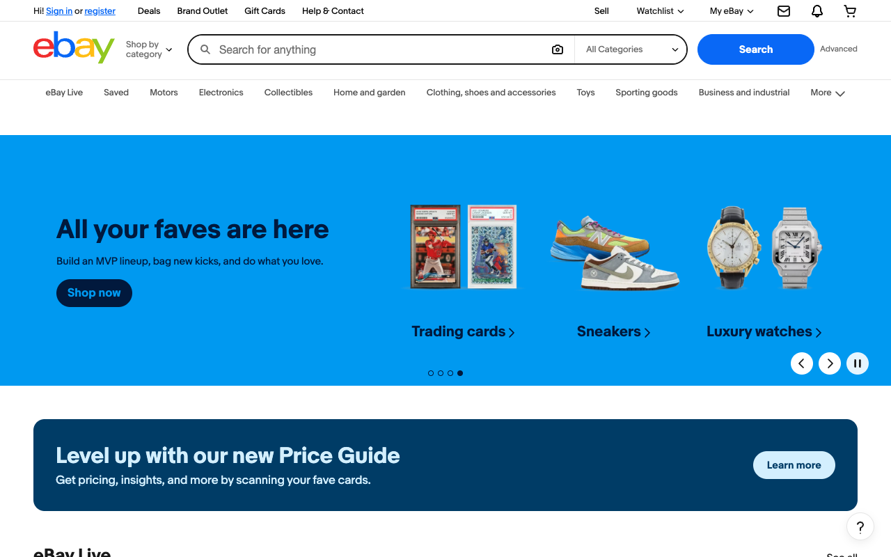eBay homepage for selling outgrown toys and collectibles