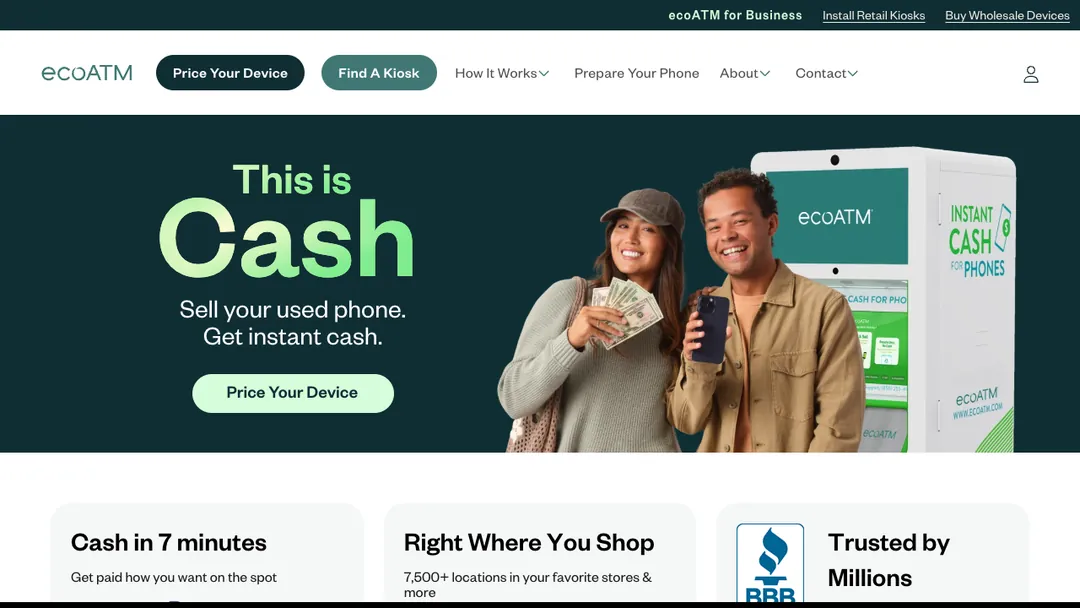 ecoATM homepage saying sell your used phone and get instant cash, with a Price Your Device button