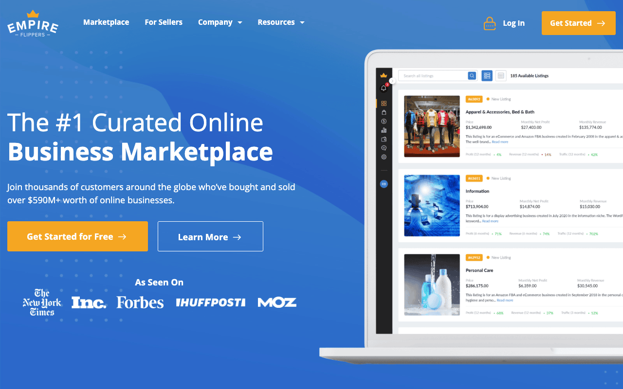Empire Flippers curated marketplace showing vetted online business listings with monthly profit figures