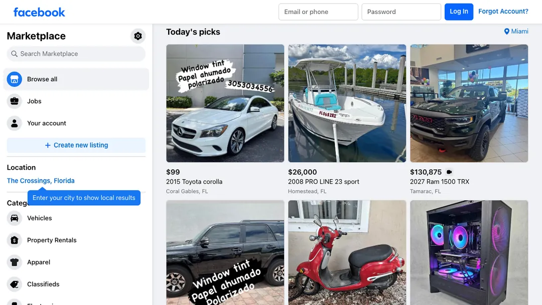 Facebook Marketplace browse page with local listings for cars, boats and more near Miami
