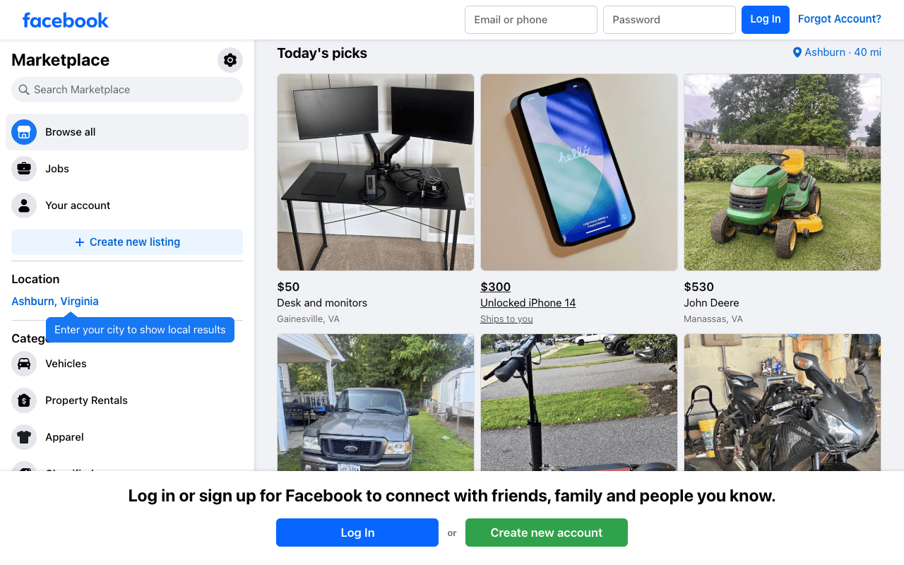Facebook Marketplace listings page showing local secondhand furniture and electronics with prices