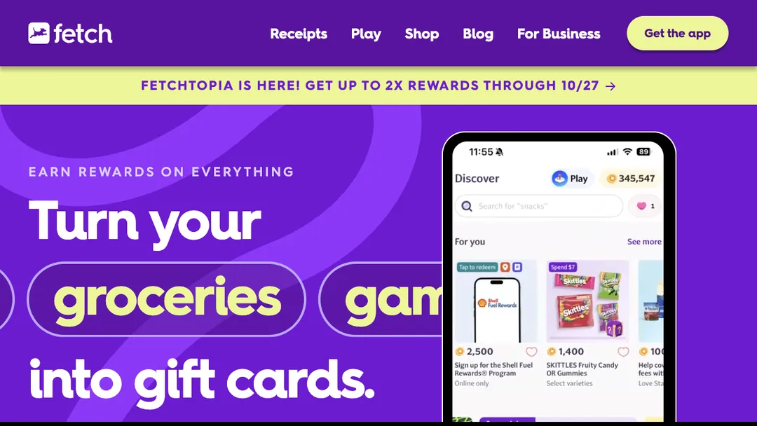 Fetch homepage saying Turn your groceries into gift cards
