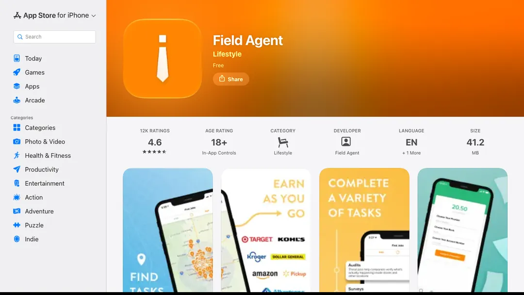 Field Agent app listing in Apple's App Store with its rating and task screenshots