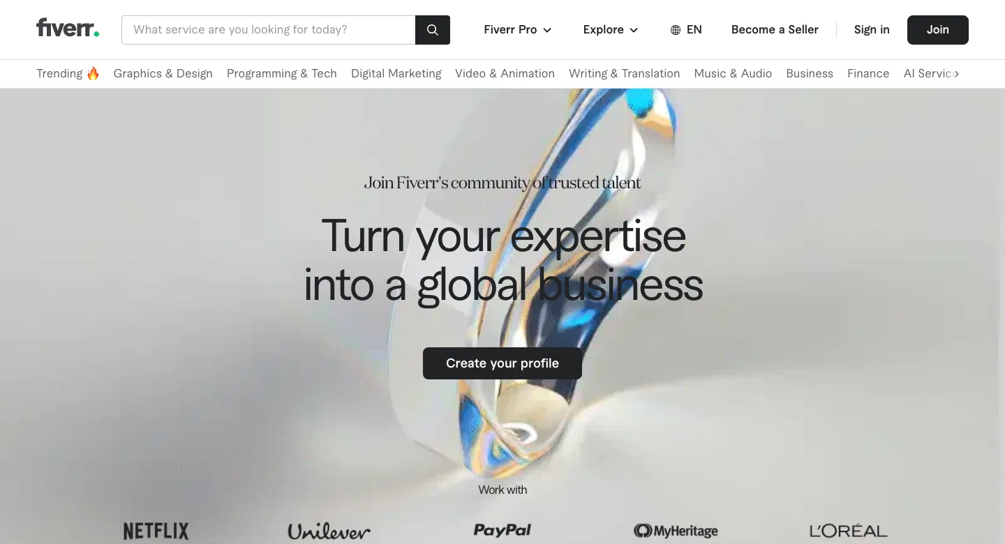 Fiverr Become a Seller page saying Turn your expertise into a global business