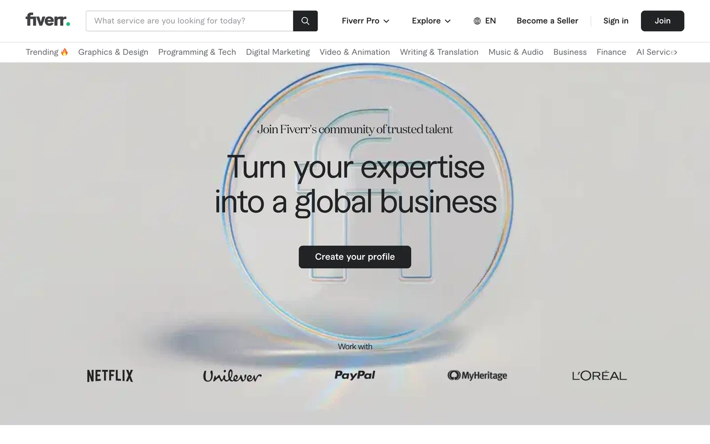Fiverr page for becoming a seller