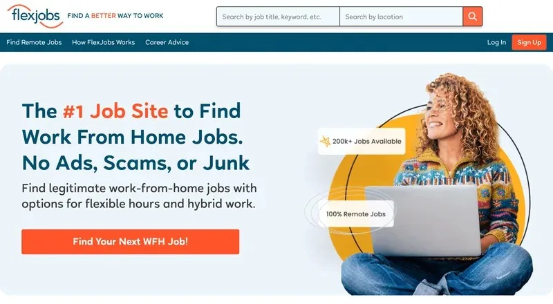 FlexJobs homepage advertising screened remote and flexible jobs