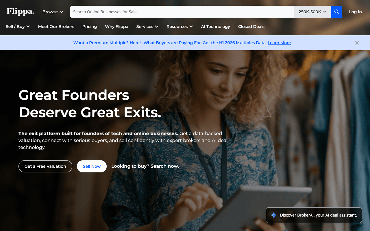 Flippa homepage for buying and selling online businesses, websites, and domains