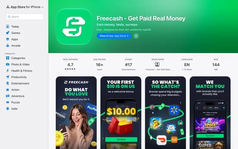 Freecash listing on Apple's App Store with 4.7 stars from 162K ratings