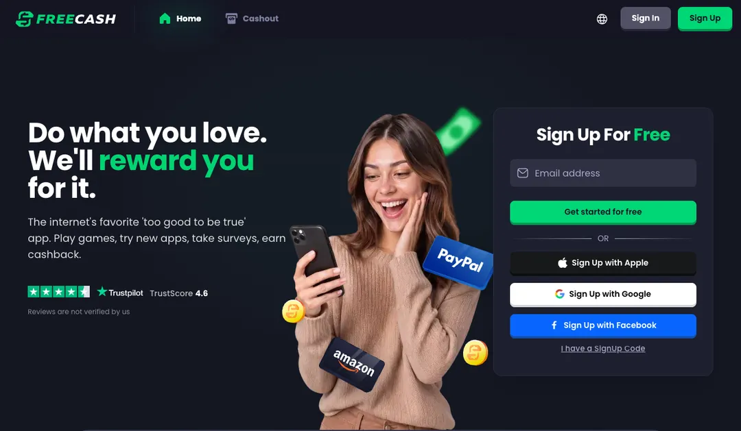 Freecash homepage with a free sign-up form and its Trustpilot rating