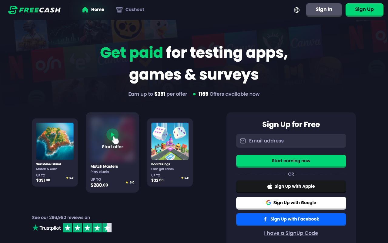 Freecash homepage