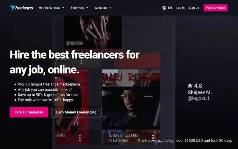 Freelancer.com homepage for posting projects and bidding on freelance work