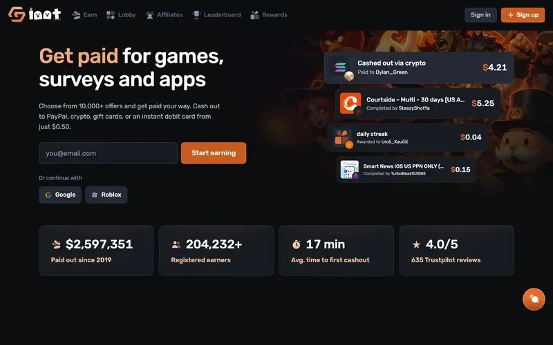 Gemsloot homepage for earning rewards from offers and games